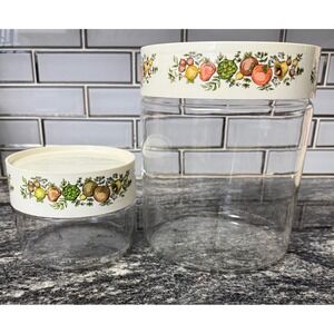 Vintage Pyrex Natures Bounty Glass Canister Set 2pc Vegetable Fruit Pattern USA